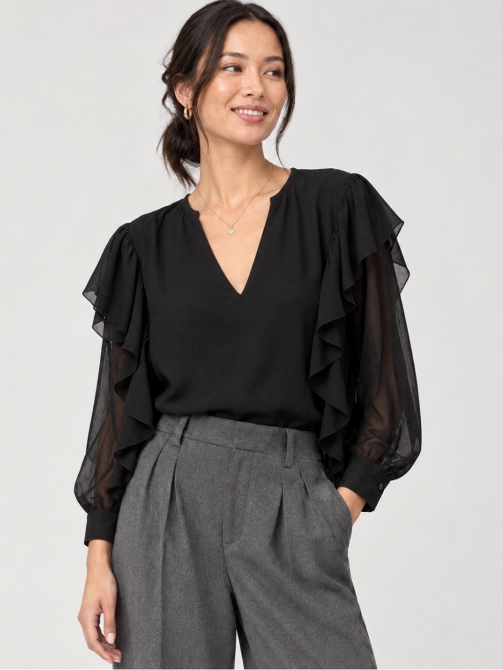 Aritzia Wilfred Chiffon Ruffle Blouse S Black Career Classic Feminine Victorian